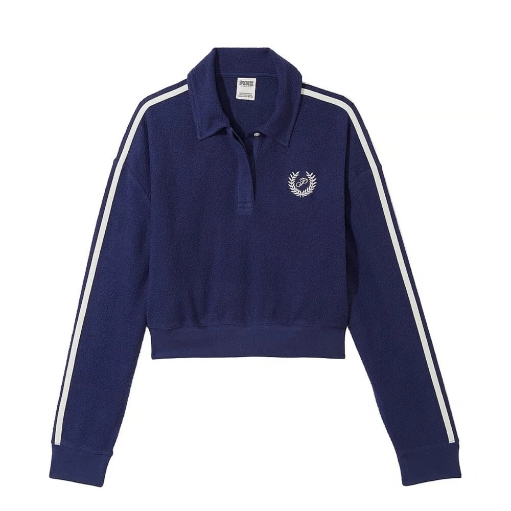 Victoria’s Secret PINK Reverse Fleece Cropped Polo Sweatshirt‎ | Navy Blue | S